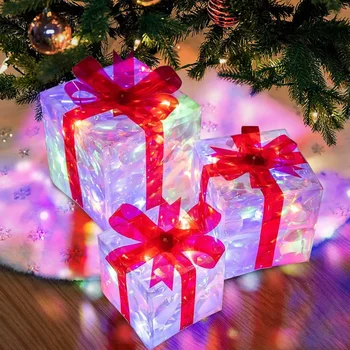 Комплект от 3 Коледни подаръци кутии със задно осветяване, светещи кутии подарък, Коледна елха, декор за вътрешно, външно, на двора, на тревата, Коледна украса