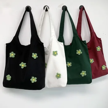 Холщовая чанта през рамо с 3D цветя с голям капацитет, сгъваема чанта за пазаруване, дамски множество еко-чанта, студентски чанта-месинджър