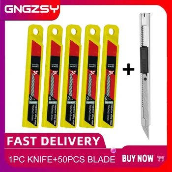 CNGZSY 1 бр. Защелкивающийся нож + 50 бр. ножове Разтегателен художествен нож, Стъргало за ремонт на прозорци, молив за почистване на лепилото, нож за хартия E02 + 5E03